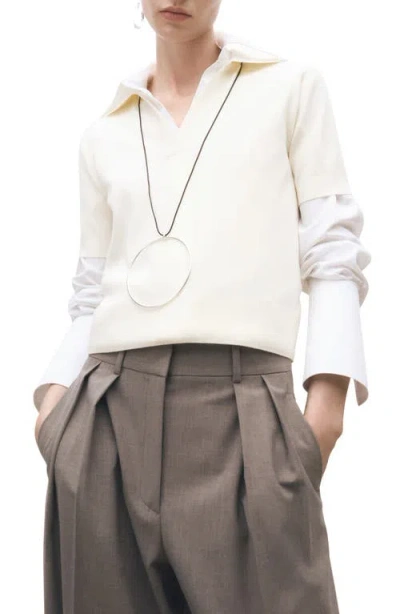 Shop Mango Short Sleeve Cotton & Wool Polo Sweater In Ecru
