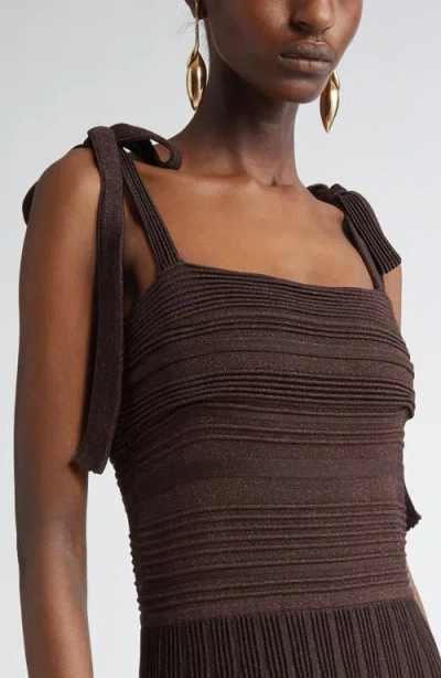 Zimmermann Lucky Tie Shoulder Metallic Rib Maxi Dress In Brown