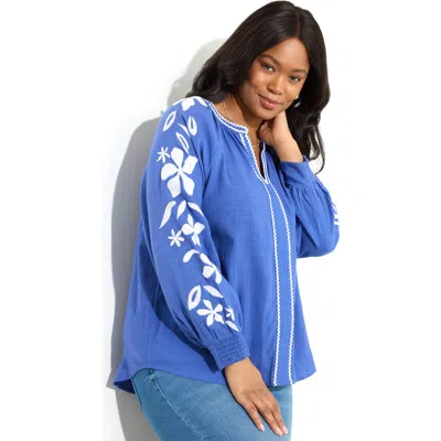 Live Unlimited Long Sleeve Embroidered Relaxed Blouse In Blue