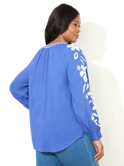 Live Unlimited Long Sleeve Embroidered Relaxed Blouse In Blue