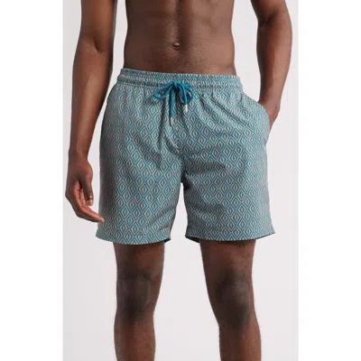 Stone Rose Retro Geometric Print Swim Trunks In Blue