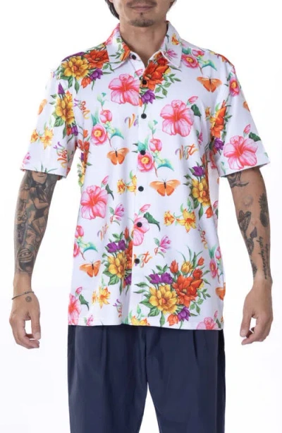 Vast Floral Watercolor Short Sleeve Performance Button-up Shirt In Red Multi