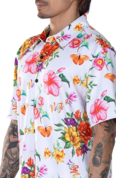 Vast Floral Watercolor Short Sleeve Performance Button-up Shirt In Red Multi