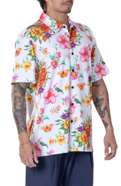 Vast Floral Watercolor Short Sleeve Performance Button-up Shirt In Red Multi