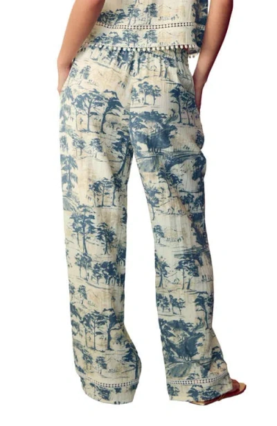 Next Tree Print Wide Leg Drawstring Pants In White/blue