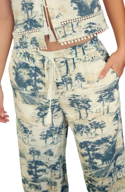 Next Tree Print Wide Leg Drawstring Pants In White/blue