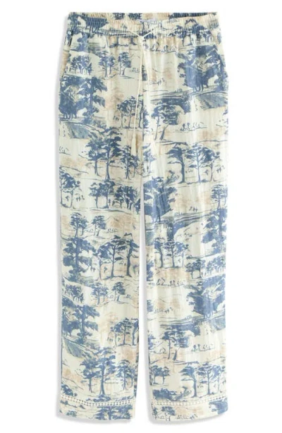 Next Tree Print Wide Leg Drawstring Pants In White/blue
