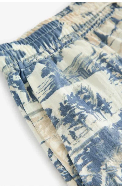 Next Tree Print Wide Leg Drawstring Pants In White/blue