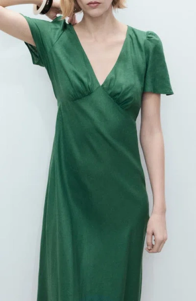 Mango Linen Mix Short Sleeve Midi Dress In Green