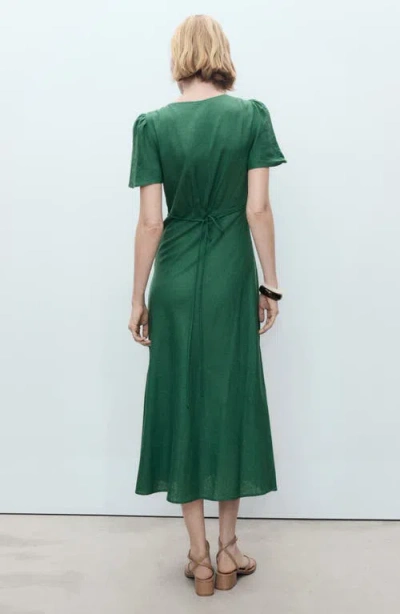 Mango Linen Mix Short Sleeve Midi Dress In Green