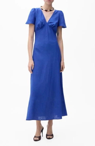 Mango Floral Linen-blend Dress Blue In Blue