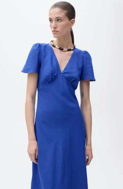 Mango Floral Linen-blend Dress Blue In Blue
