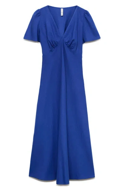 Mango Floral Linen-blend Dress Blue In Blue