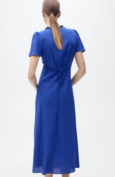 Mango Floral Linen-blend Dress Blue In Blue