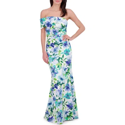 Eliza J Floral One Shoulder Trumpet Gown In Blue