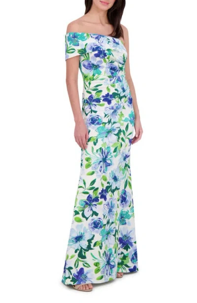 Eliza J Floral One Shoulder Trumpet Gown In Blue