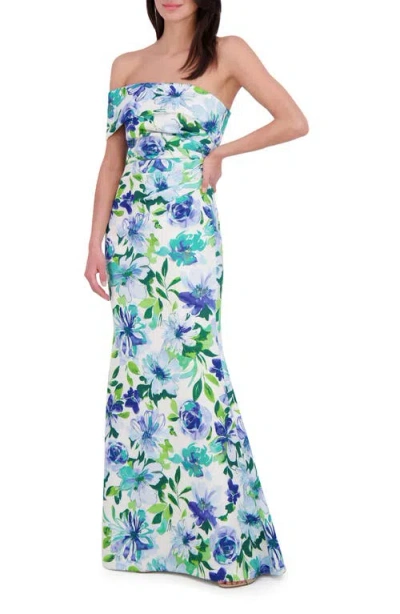 Eliza J Floral One Shoulder Trumpet Gown In Blue