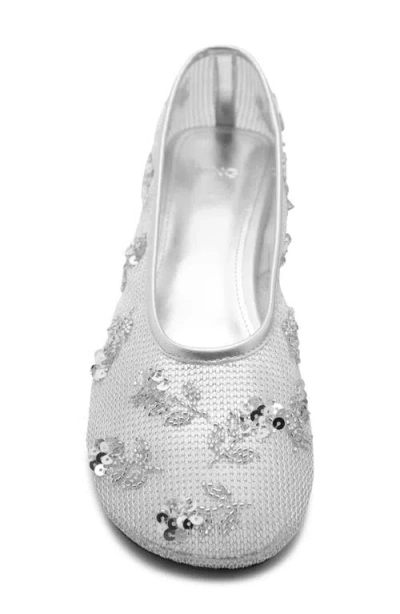 Mango Floral Embellished Mesh Ballet Flat In Silver