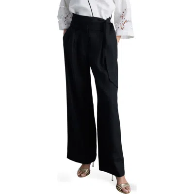 Mango Contrast Piped Wide Leg Linen Pants In Black
