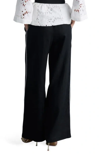 Mango Contrast Piped Wide Leg Linen Pants In Black