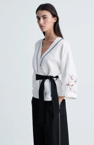 Mango Contrast Piped Wide Leg Linen Pants In Black