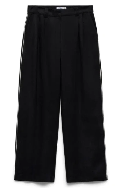 Mango Contrast Piped Wide Leg Linen Pants In Black