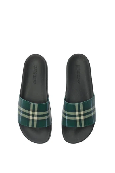 Burberry Green Check Pool Slides In Leaf