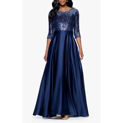 Betsy & Adam Petite Embellished Satin Gown In Navy