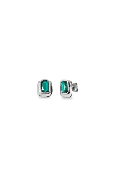 Unode50 Rectangular Sterling Silver-plated Earrings With Green Crystal In Silver