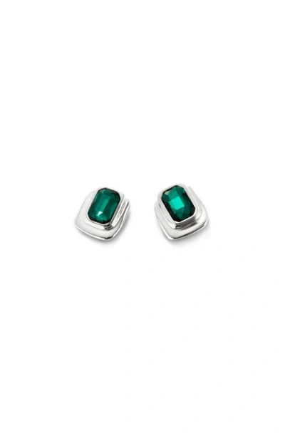 Unode50 Rectangular Sterling Silver-plated Earrings With Green Crystal In Silver