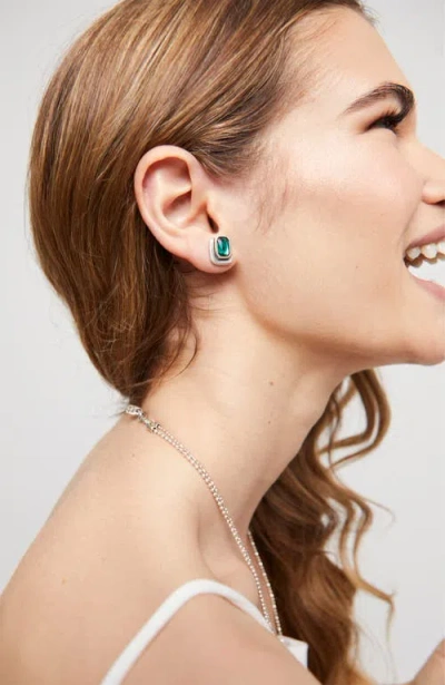 Unode50 Rectangular Sterling Silver-plated Earrings With Green Crystal In Silver