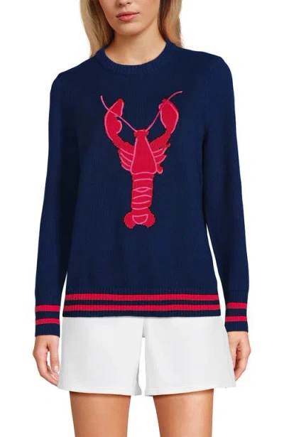 Lands' End Cotton Drifter Crew Neck Sweater In Deep Sea Navy Lobster