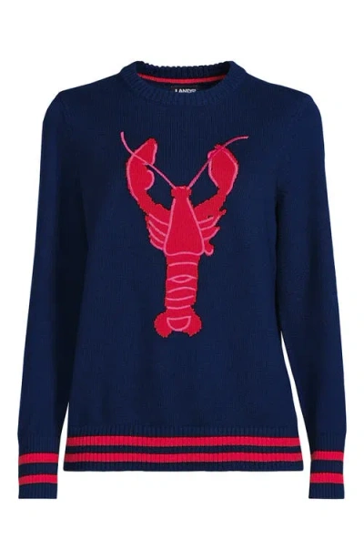 Lands' End Cotton Drifter Crew Neck Sweater In Deep Sea Navy Lobster