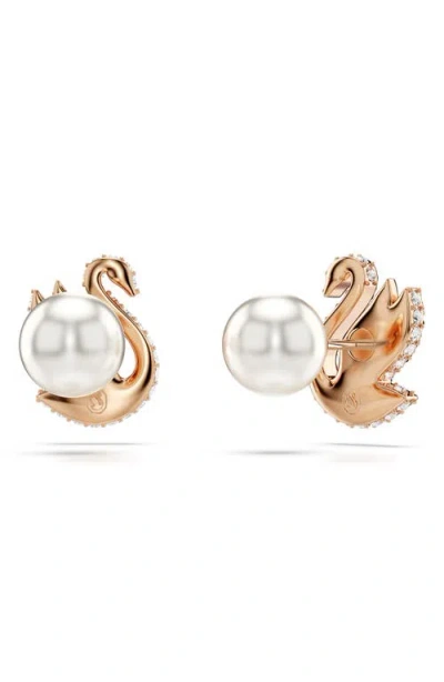 Swarovski Swan Pearl Back Stud Earrings In Black