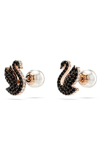 Swarovski Swan Pearl Back Stud Earrings In Black