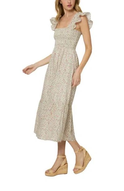 The Standard Stitch The Flounce Smocked Midi Dress In Ivory Floral