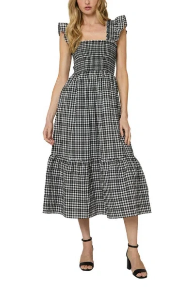 The Standard Stitch The Flounce Smocked Midi Dress In Black Checkerd