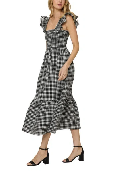 The Standard Stitch The Flounce Smocked Midi Dress In Black Checkerd