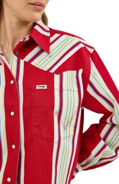 Wrangler Heritage Stripe Cutoff Denim Western Shirt In Chili Stripe