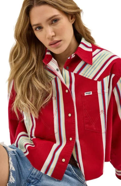 Wrangler Heritage Stripe Cutoff Denim Western Shirt In Chili Stripe