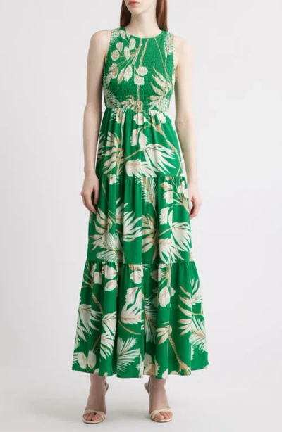 Anne Klein Palm Print Smocked Tiered Maxi Dress In Tropical Green Multi