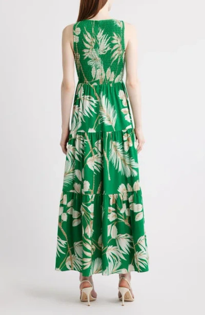 Anne Klein Palm Print Smocked Tiered Maxi Dress In Tropical Green Multi
