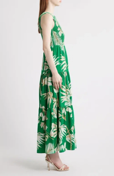Anne Klein Palm Print Smocked Tiered Maxi Dress In Tropical Green Multi