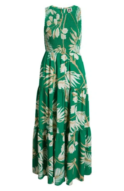 Anne Klein Palm Print Smocked Tiered Maxi Dress In Tropical Green Multi