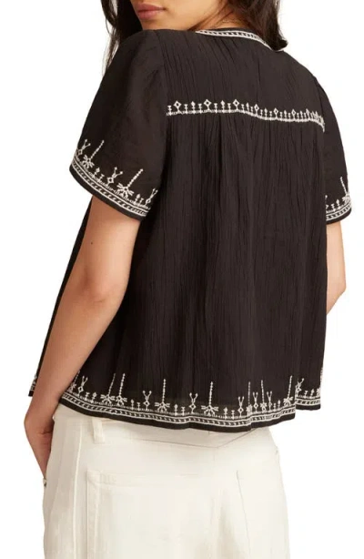 Lucky Brand Embroidered Crinkle Front Button Top In Caviar