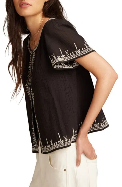 Lucky Brand Embroidered Crinkle Front Button Top In Caviar