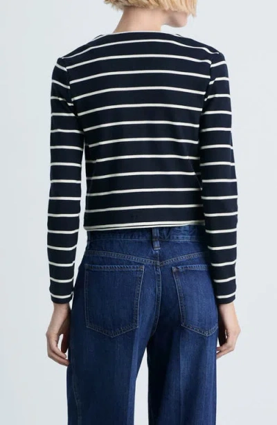 Mango Stripe Knit Cardigan In Dark Navy