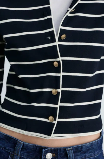 Mango Stripe Knit Cardigan In Dark Navy
