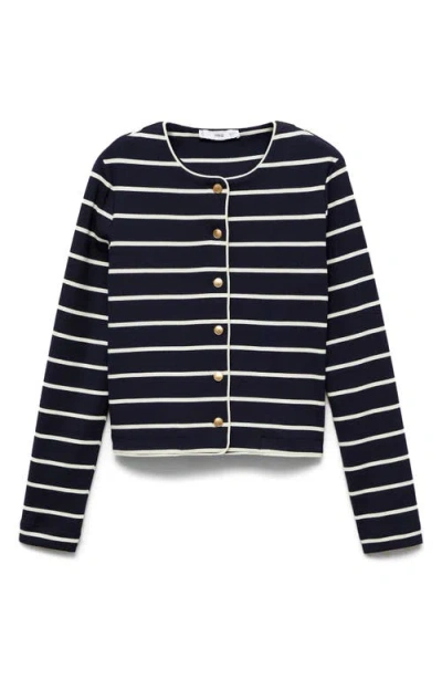 Mango Stripe Knit Cardigan In Dark Navy