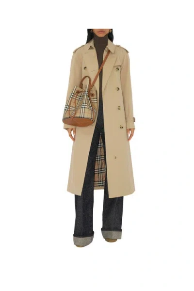 Burberry Drawstring Bucket Bag With Signature Plaid Pattern In Neutral
